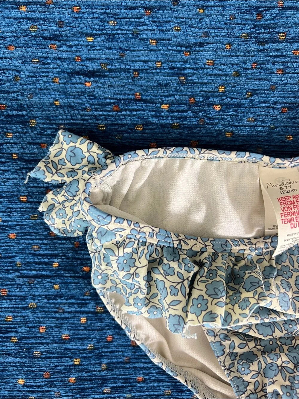 Mini Boden size 6/7 Blue Floral Smocked Bikini Set w/ ruffles